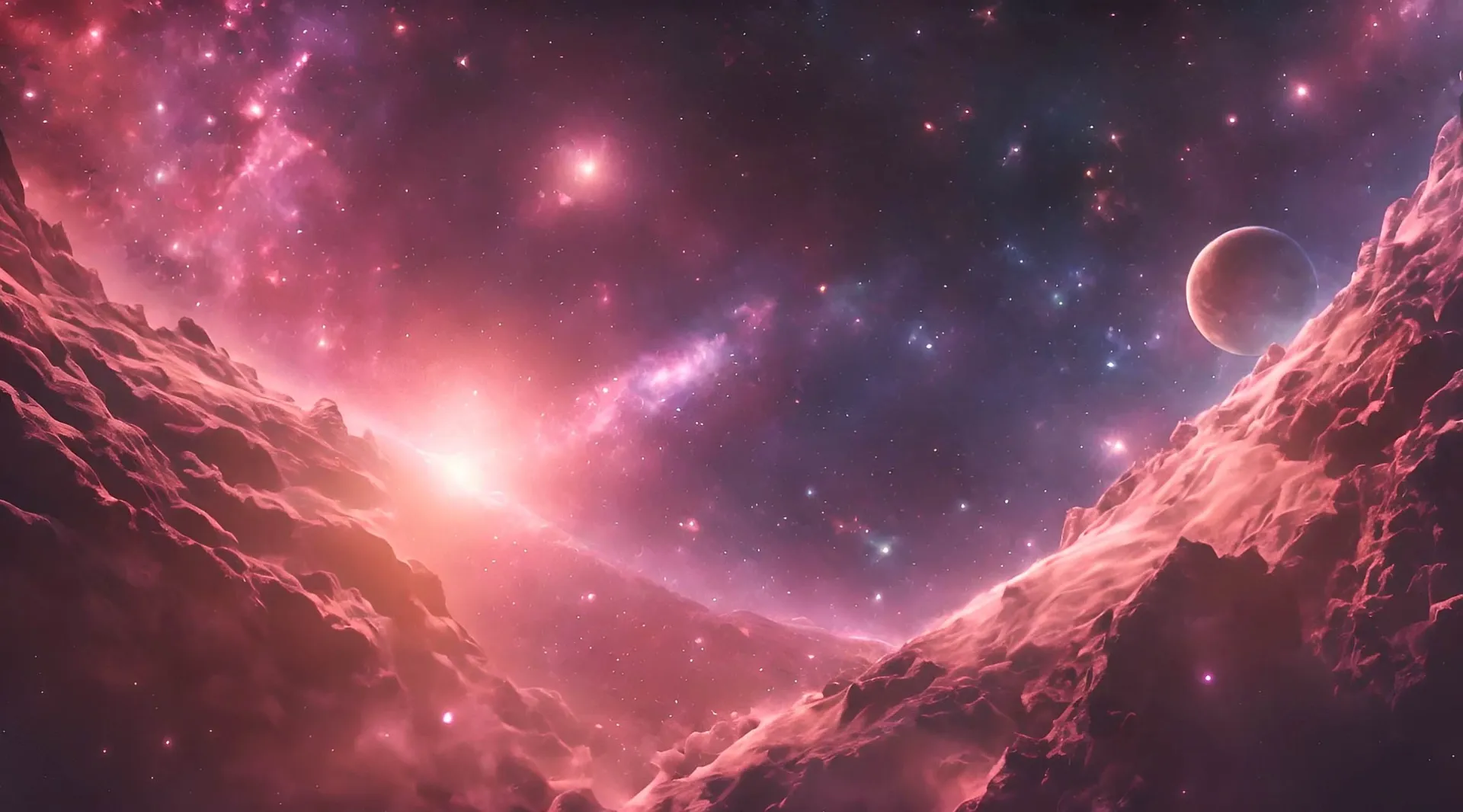 Surreal Planetary Surface with Cosmic Nebula Backdrop